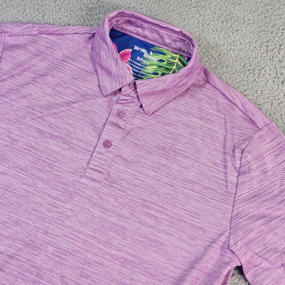 Birdie Bound Polo Shirt Mens Small Purple Striped Golf Performance Stretch